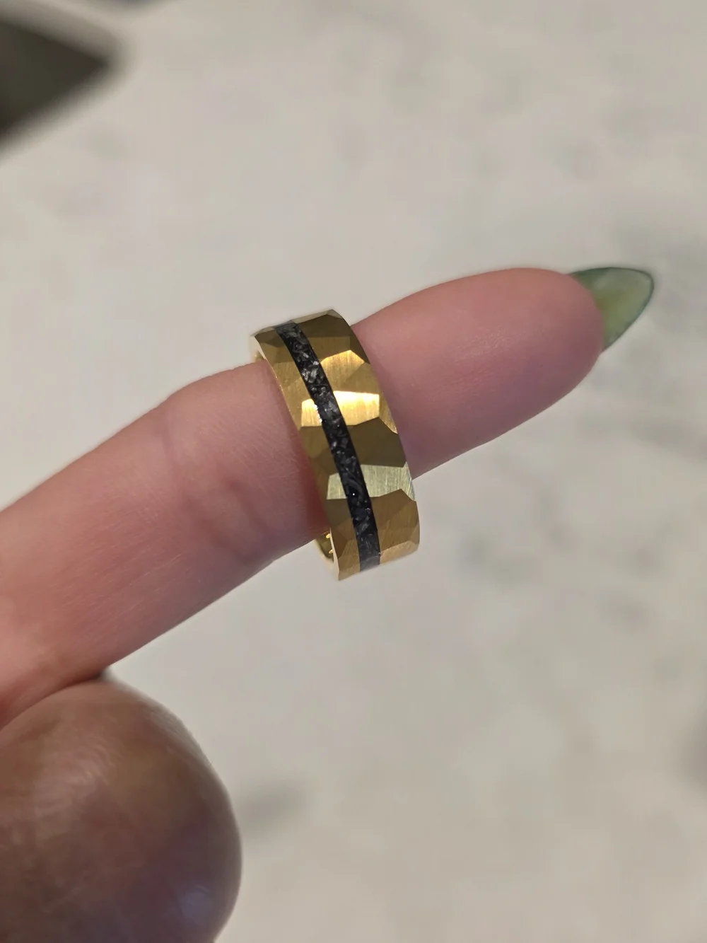 Yellow Gold Tungsten Meteorite Ring Hammered Mens Wedding Band, Unique Men Ring